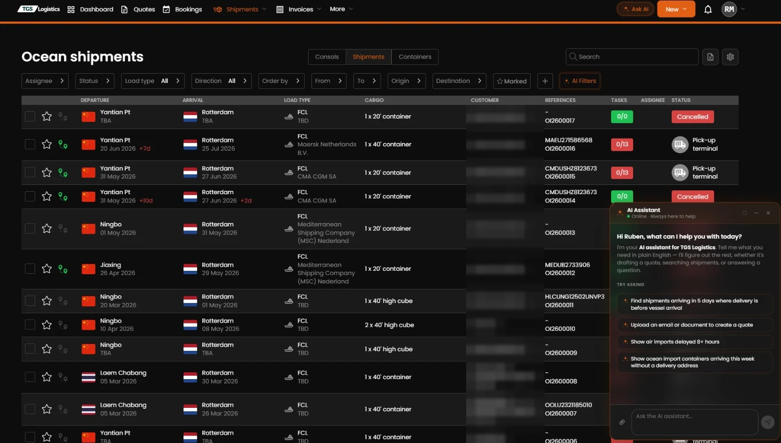 The TGS Portal: Ocean shipments list with the AI assistant open